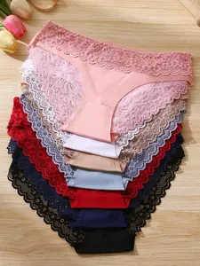 Women's Solid Color / Leopard Print Contrast Lace Scallop Trim Knicker, Drop Waist Panty, Soft Comfy Breathable Underwear for Daily Wear, Everyday