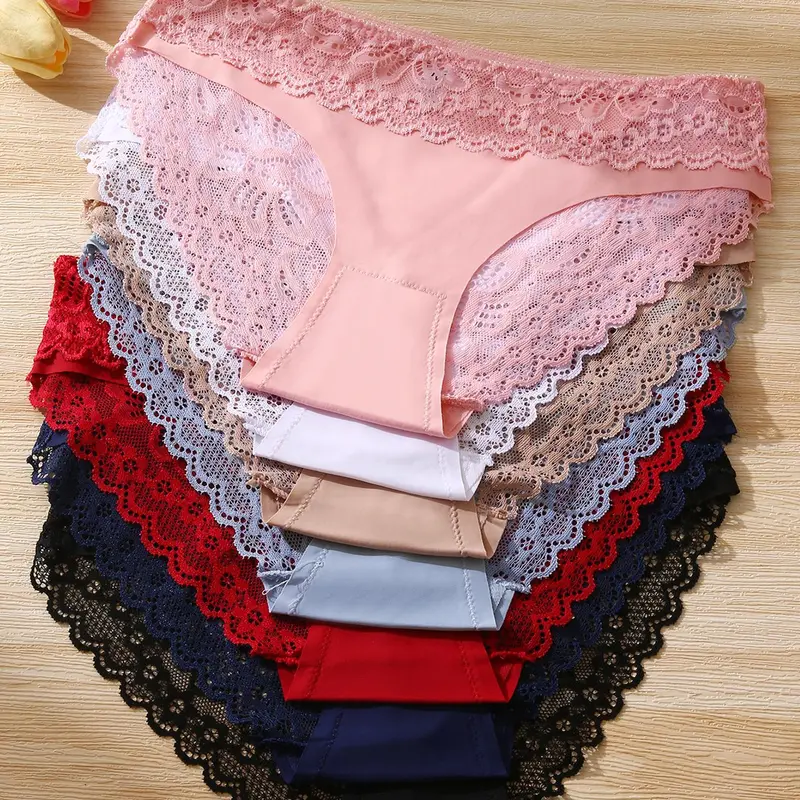 Women's Solid Color / Leopard Print Contrast Lace Scallop Trim Knicker, Drop Waist Panty, Lace Underwear Panties, Soft Comfy Breathable Fitted Basic Underwear for Daily Casual Wear, Feminine, Everyday Style, Womenswear, Breathable Comfy Innerwear