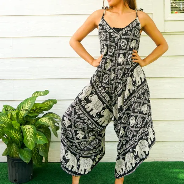 Elephant Boho Yoga Jumpsuit Rompers Pants with Pockets
