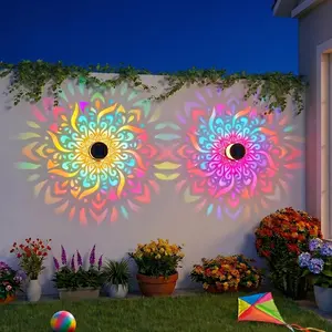 2-Pack Solar Mandala Projector Wall Lights, IP65 Waterproof Metal Outdoor Fence Lights for Garden, Patio, Courtyard