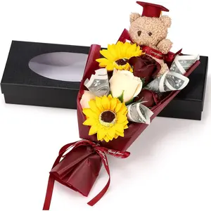 13" 2026 Graduation Bear Bouquet Rose Scented Soap Flower Money Bouquet Mini Plush Graduation Bear with Grad Cap Gift Box for Daughter Son Favors Supplies(Wine Red)