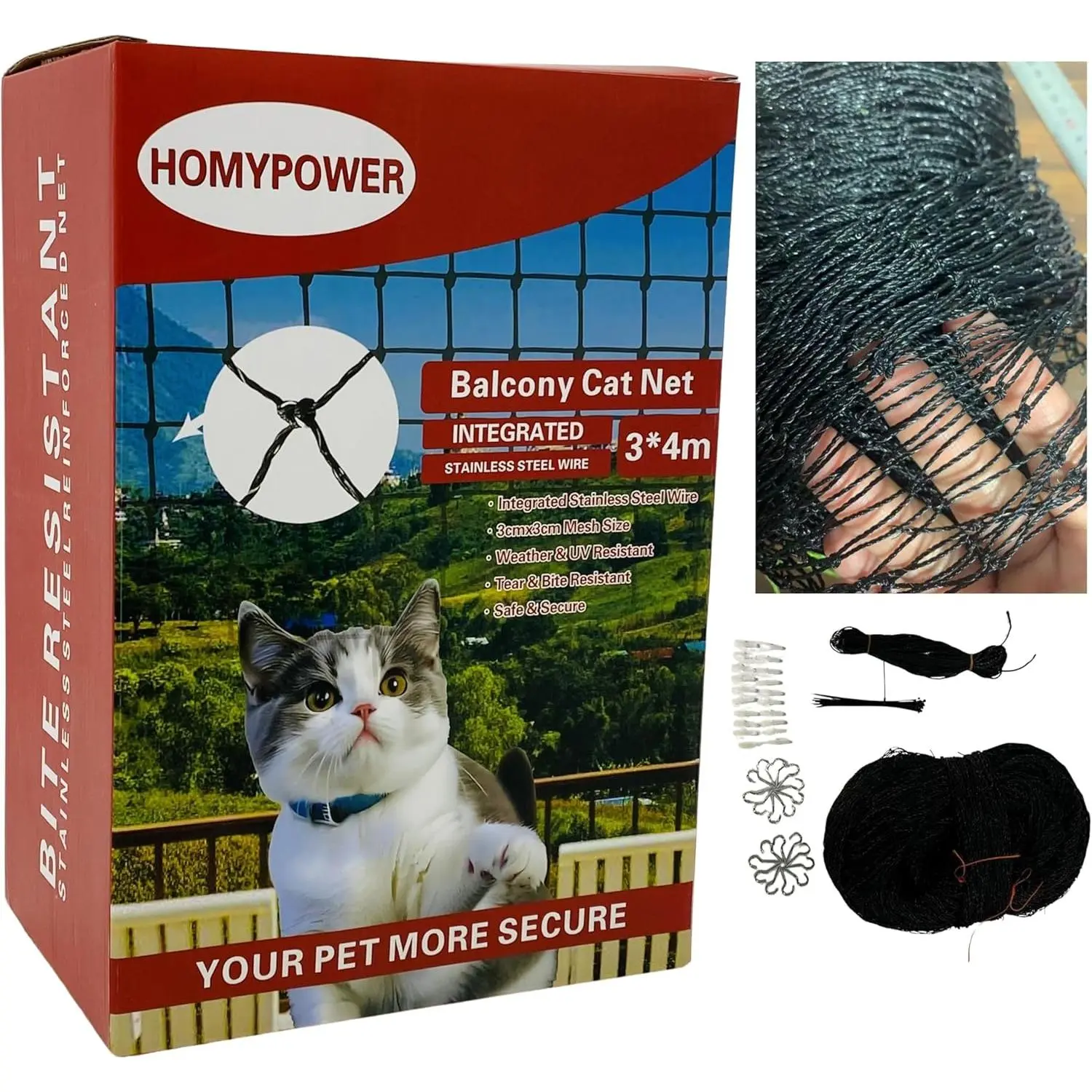 10x13 ft Balcony Safety Netting, Stainless Steel Reinforced Mesh Guard for Pets, UV Resistant and Bite-Proof Catio for Apartment Balconies, Balcony Protection