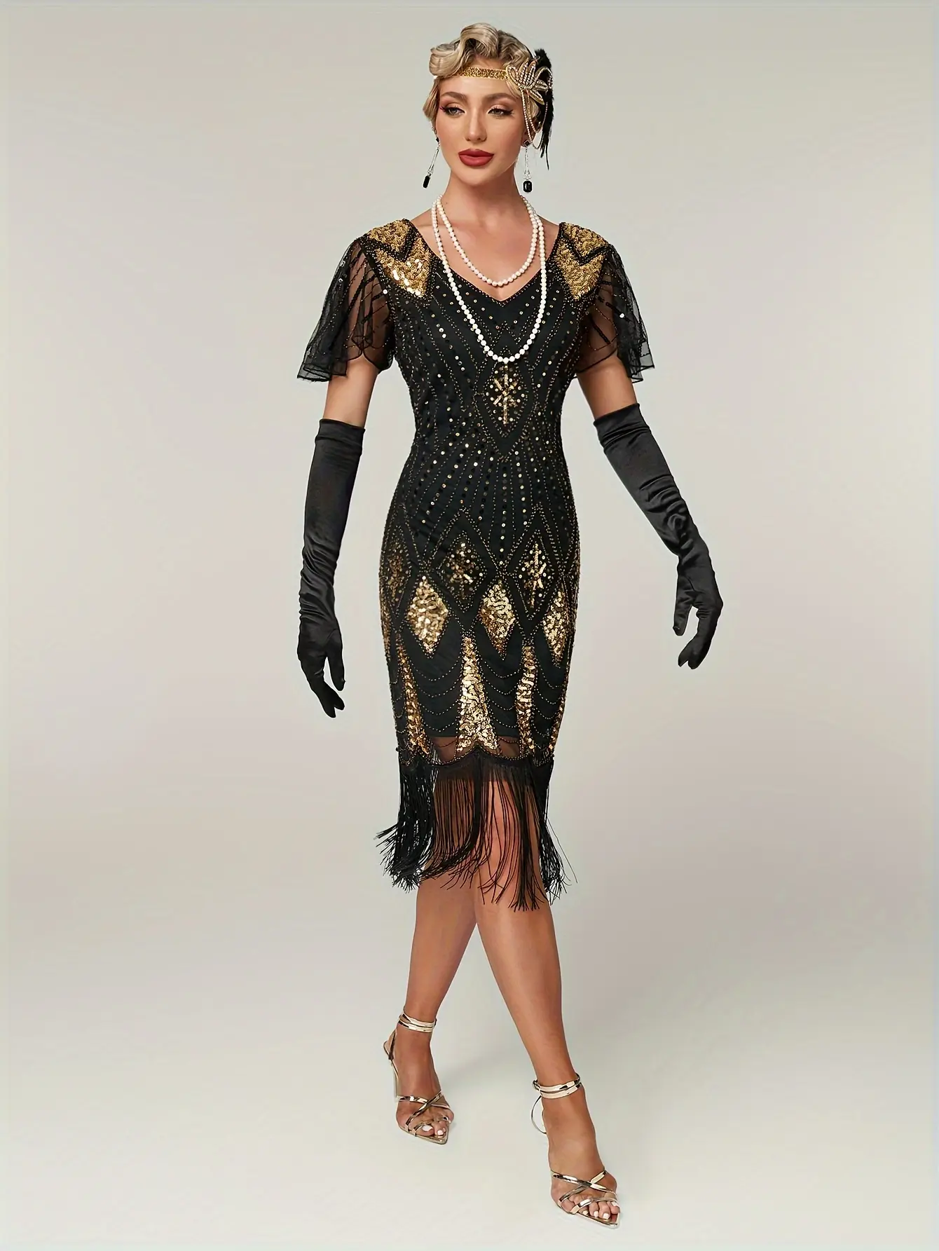 Women's 1920s Vintage Fitted Woven Fabric V-Neck Sequin Fringe Beaded Gatsby Dress for Banquet, Dance Evenings, Watch Party, Low Stretch, All Seasons, Dry Clean, Elegant, Embroidery, Polyester, Hand Wash Only, Formal Wear, Chic, Embroidered