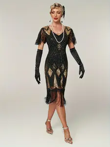 1920s Vintage Sequin Gatsby Party Dress with Fringe, Banquet and Dance Evening Gown with Beading