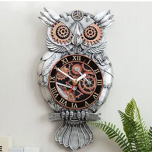 Owl Wall Clock, Steampunk Wall Clock, Owl Wall Decor Imitation Metal Wall Clock Handmade Owl Clock Resin Antique Clock for Bedroom Living Room Wall Clocks Battery Operated