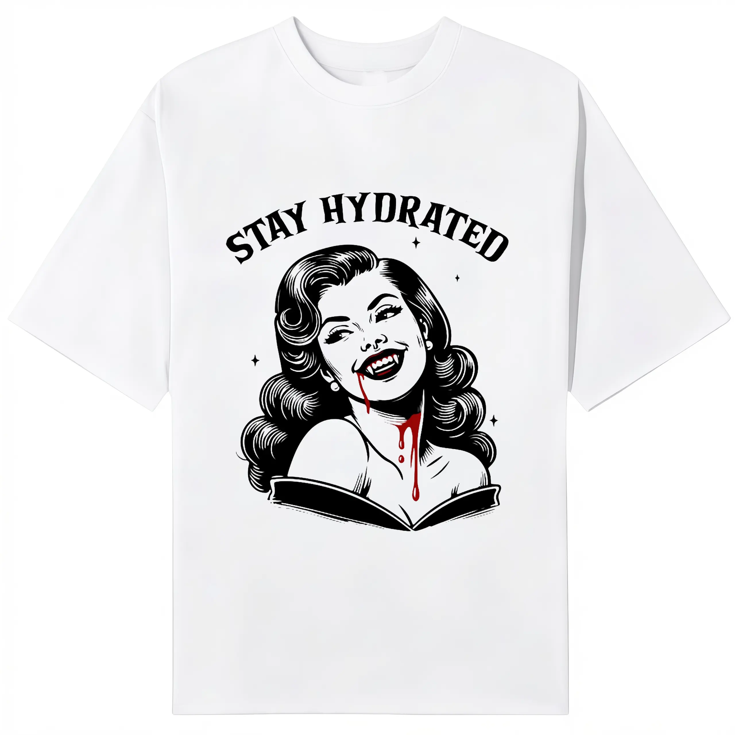 Women's Spooky Funny Vampire Graphic Cotton Blend T-Shirt - Short-Sleeve, Round Neck, Soft Breathable Comfortable Fabric, Relaxed Cut, Vintage Retro Pin-Up Gothic Halloween Top, Unisex Casual Streetwear Basic Aesthetic Style Everyday Tee, Vampire Fangs