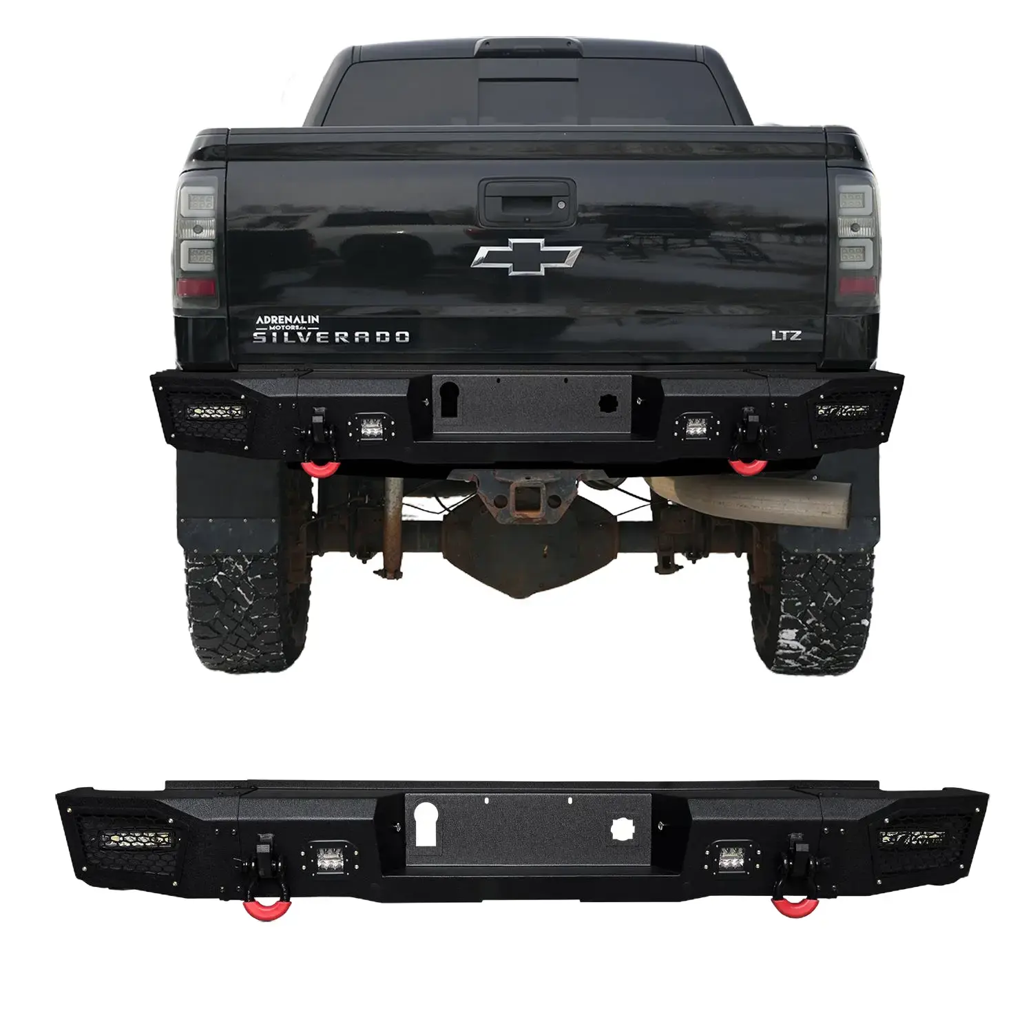 Vijay Black Textured Steel Rear Bumper with LED Lights, 2 D-Ring Mounts for 2014-2019 Chevy Silverado/GMC Sierra 1500/2500/3500 Chevy/GMC Trucks, Automotive Off-Road Performance Part, Car Accessories with Simple Screw Installation, Includes 2 Rings, Acces