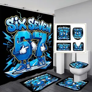 Cartoon Blue Shower Curtain Set with Hooks, Modern Bathroom Decor, Multi-Functional Bath Divider, Ideal Gift for Friends and Family