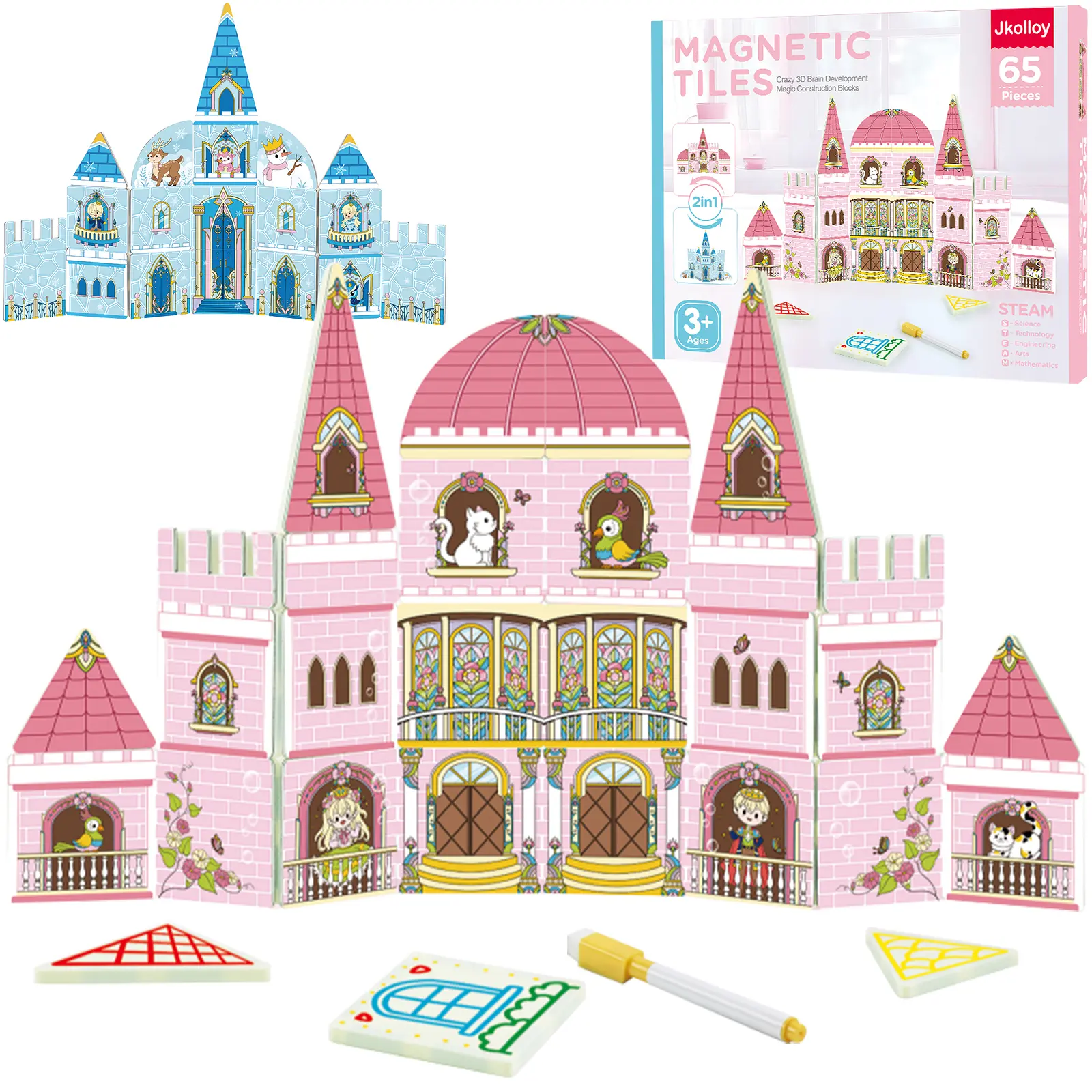 65 Pcs Magnetic Tiles for Kids, Princess Castle & Frozen Magnetic Building Tiles DIY Playset , 3D Education STEM Magnet Toys, Pink Blue Double Sided Printing Toddler  Birthday for 3 4 5 6 Year Old Preschool Kids Sensory Educational Toys