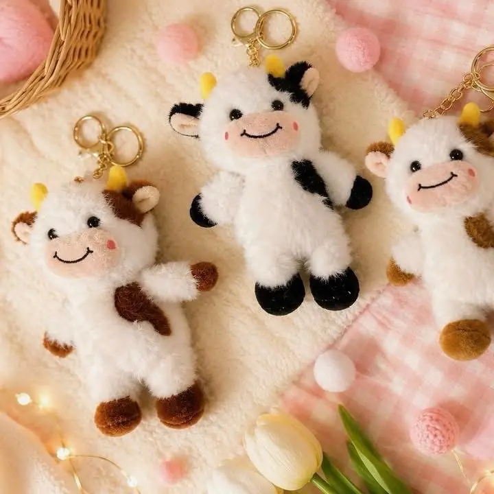 Cute Fluffy Cow Keychain, Soft Plush Cow Shape Animal Charm, Casual Bag Accessory for Fashion & Costume Jewelry Use, Fluffy Charm, Animals, Unisex, Choking Hazard Is A Small Ball, Kawaii Accessories, Everyday Wear, Keychain Charms, Key Chain Accessories