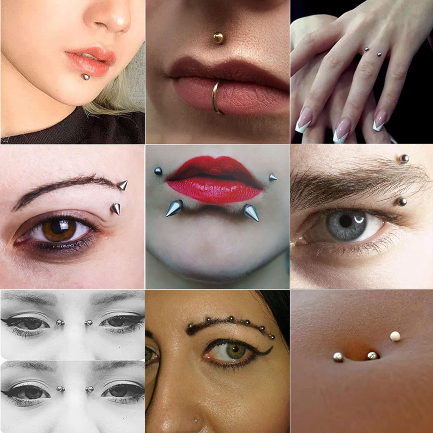 Fake Eyebrow Ring Fake Lip Labret Studs Replacement Balls Spike with 100pcs Sticker Non-Piercing Body Jewelry Fake Skin Piercing