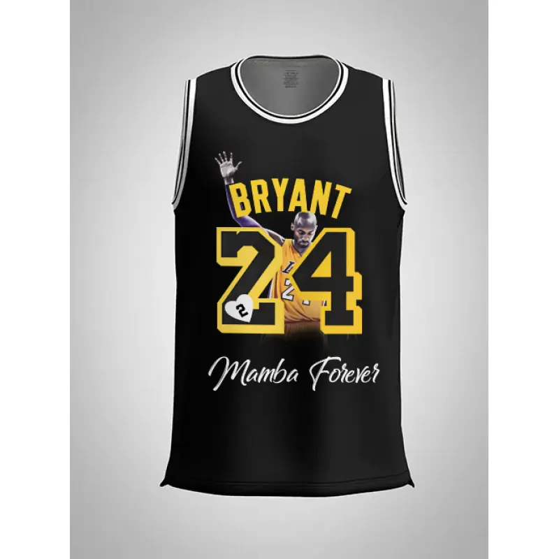 Men's Kobe Bryant Los Angeles #8-#24 Mamba Forever Tribute 1-Piece Basketball Jersey, Black Gold, 100% Polyester Breathable Mesh Sleeveless Double Print Number Combo Athletic Top for Fans, Note: Avoid High-Temperature Drying