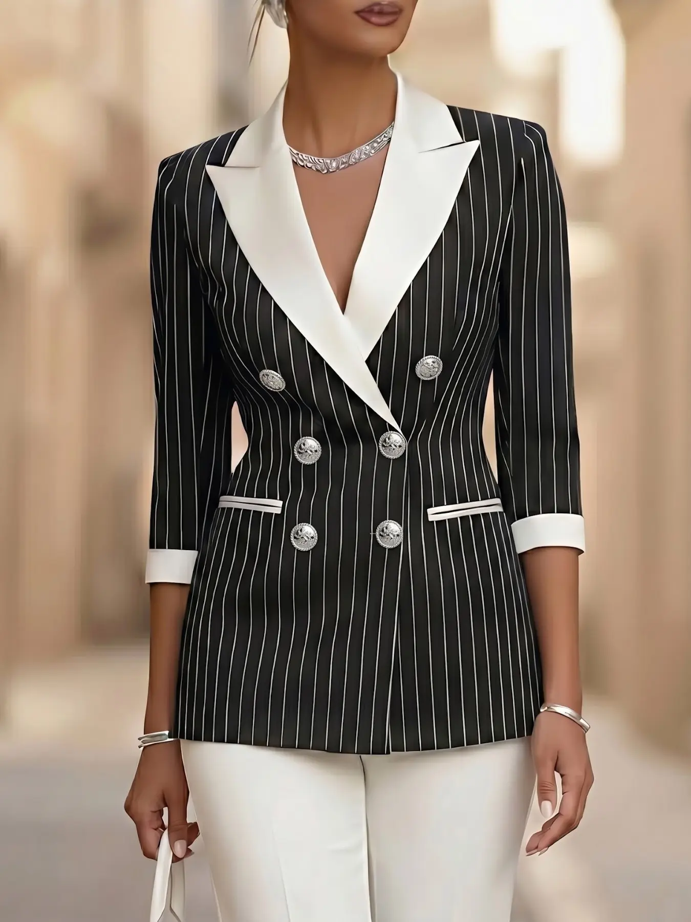 Women's and Striped Blazer, 2026 Spring Summer New Seven-Quarter Sleeve Double Button, Elegant Chic Formal Commuter Jacket Polyester Fabric