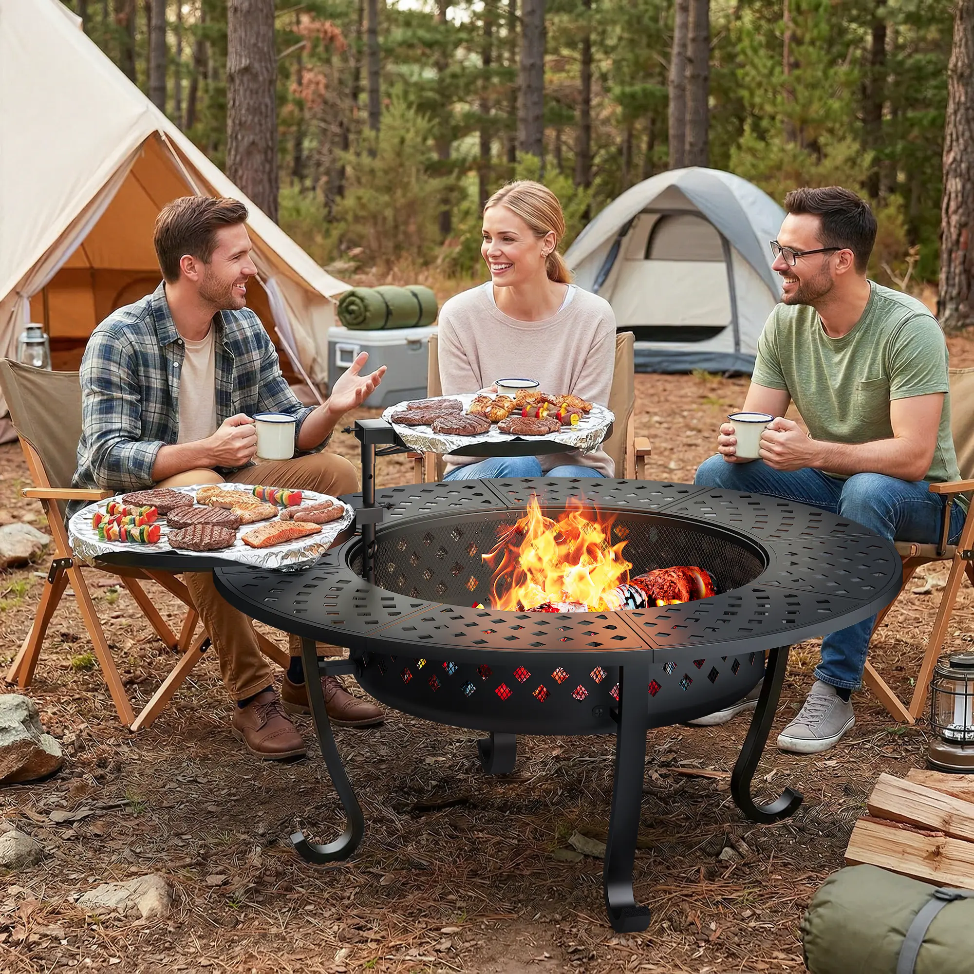 Royalcraft 43''/48‘’ Fire Pit with 2 Grills, Outdoor Wood Burning Fireplace with Lid and Fire Poker, BBQ & Bonfire & Round Metal Table 3 in 1 for Patio, Backyard, Garden, Black