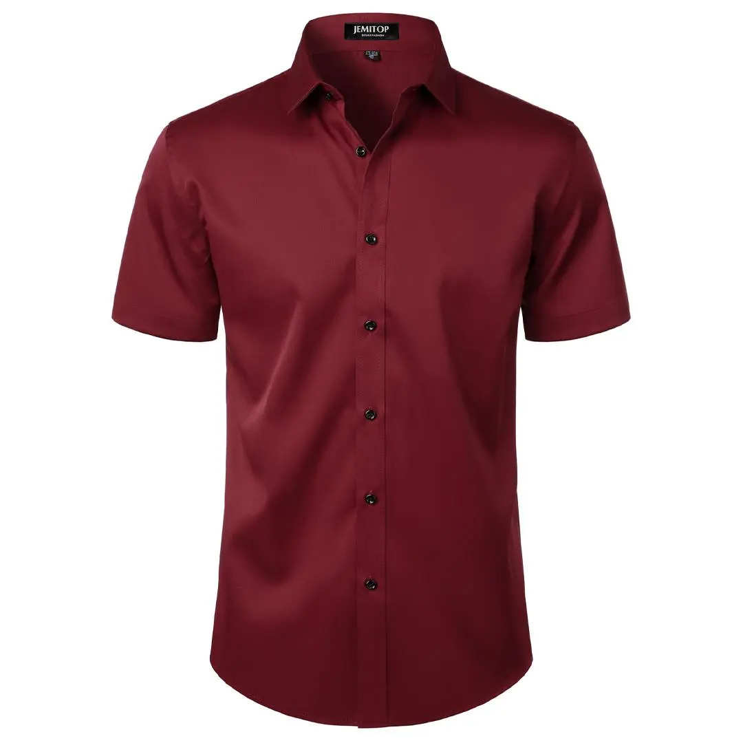 JEMITOP Men's Slim Cut High Stretch Solid Short Sleeve Button Down Dress Shirt - Low Iron, Wrinkle-Free, Durable, Contrast Buttons, Machine Washable, Polyester-Elastane, Collared Neck, Anti-Shrink for Weddings, Formal Events