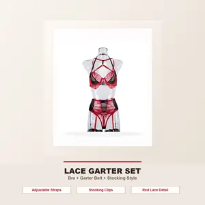 Women’s Red and Black Lace Garter Lingerie Set with Matching Stocking Style, Adjustable Strap Bra and Garter Belt Set Lingerie lip print