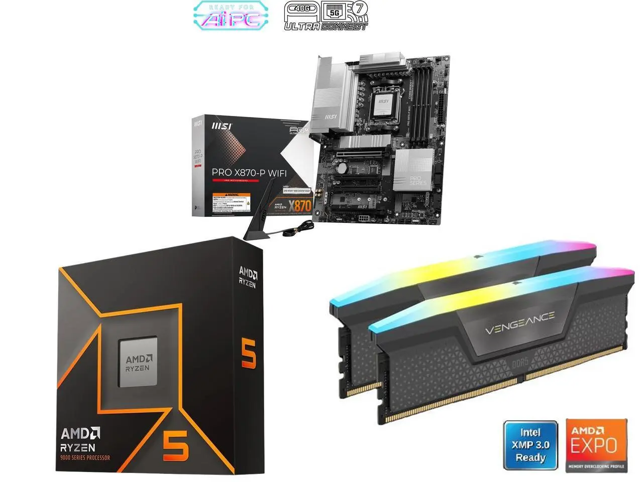 MSI PRO X870-P WIFI Motherboard, ATX, AMD Ryzen 9000/8000/7000, AM5, 60A SPS VRM, DDR5 8200+MT/s (OC), PCIe 5.0/4.0, M.2 Gen5, Wi-Fi 7, 5G LAN; AMD Ryzen 5 9600X 6-Core 3.9GHz, AM5, Radeon Graphics; CORSAIR Vengeance RGB 16GB DDR5 6000