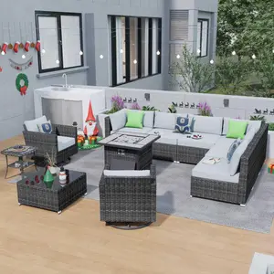 【Summer Vibes】Ovios Patio Furniture Set 11-Piece Outdoor Sectional Sofa Set with Cushions, Wicker Rocking Swivel Chair & 30'' Fire Pit Table, All-Weather Conversation Set for Backyard Garden Deck Patio Balcony