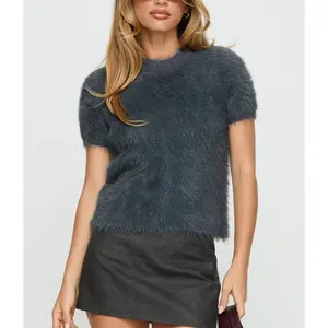 Womens Soft Furry Sweaters Short Sleeve Cozy Fuzzy Sweater Shaggy Knit Pullover Jumper