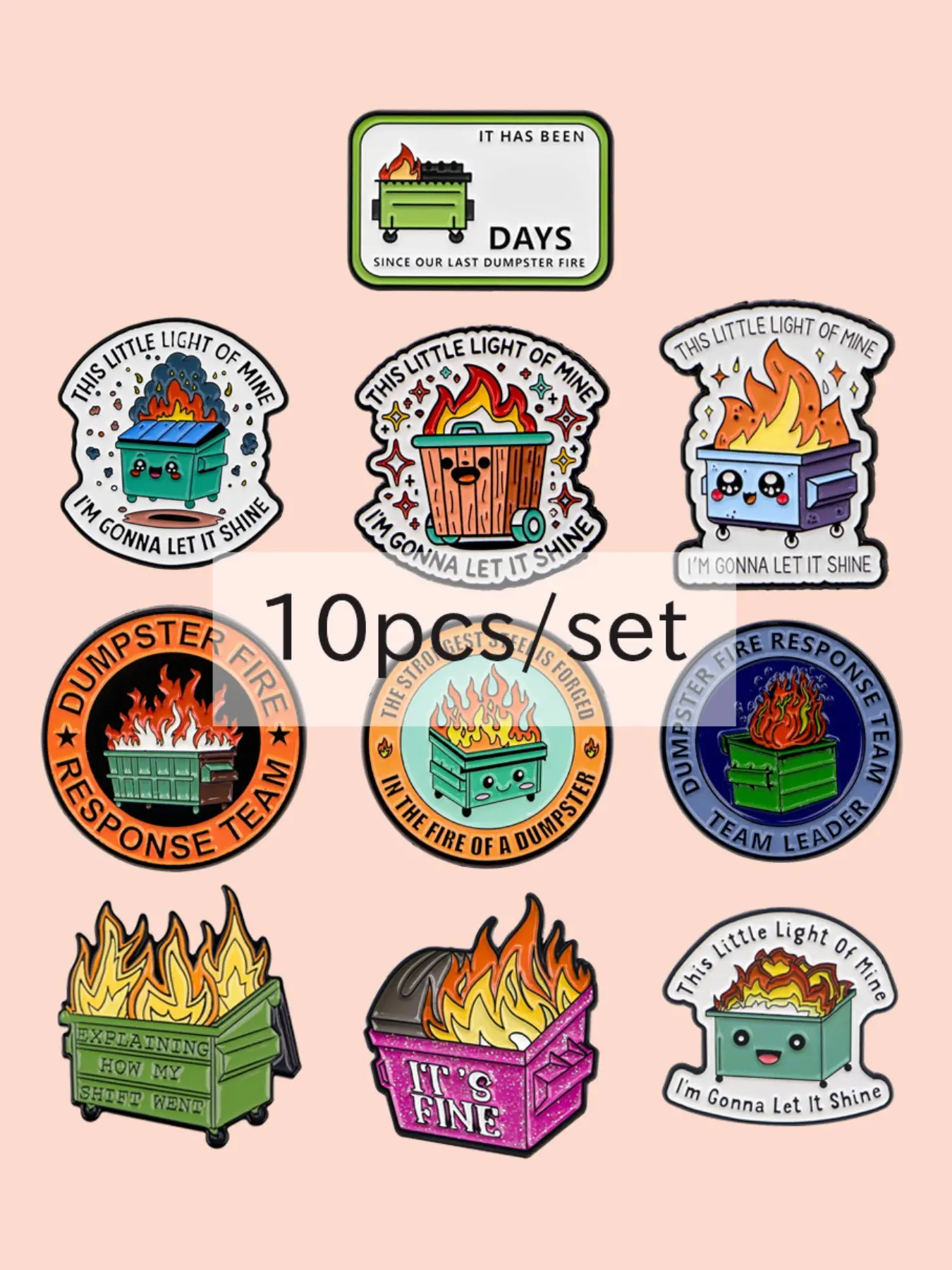 10pcs/set Cute Dustbin Quote Metal Pins & Brooches, Unisex Casual Accessories, Perfect Gift for Friends, Suitable for Bags&Clothes