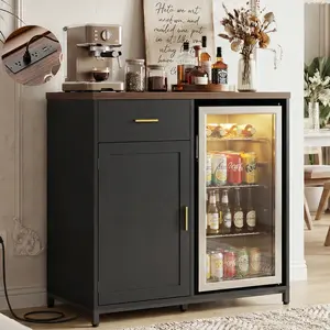 Homieasy Coffee Bar Cabinet with Mini Fridge Space, Mini Fridge Cabinet Stand with Power Outlet, Liquor Wine Cabinets with Drawer Storage and Wine Glass Holder, Home Bar for Dining Room, Kitchen