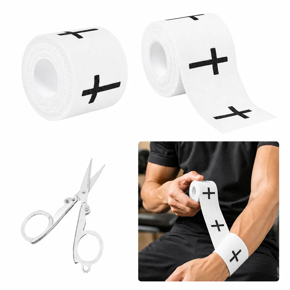 2 pieces of sports tape with 1 folding scissor, cross pattern, suitable for running, basketball, boxing, rock climbing, used for wrist and ankle stability, breathable, easy to tear