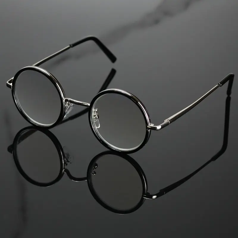 Retro Round Glasses Frames - Photochromic Blue Light Protection Frames with Metal Hinges, Spring Arms, Comfortable Nose Pads, Unisex Fashion Presbyopia Eyewear for Men & Women (Black, Green)