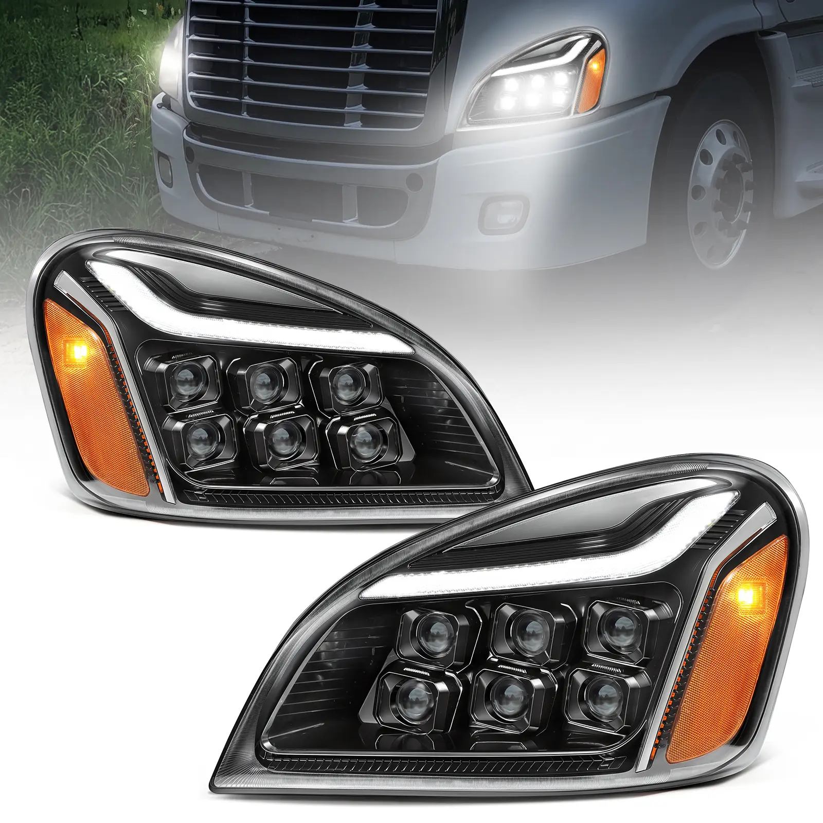 Partsam LED Headlights Assembly DOT Approved with Start Animation DRL Sequential Turn Signal Hi/Low Beam and Marker Lights Replacement for 2008-2017 Cascadia IP67