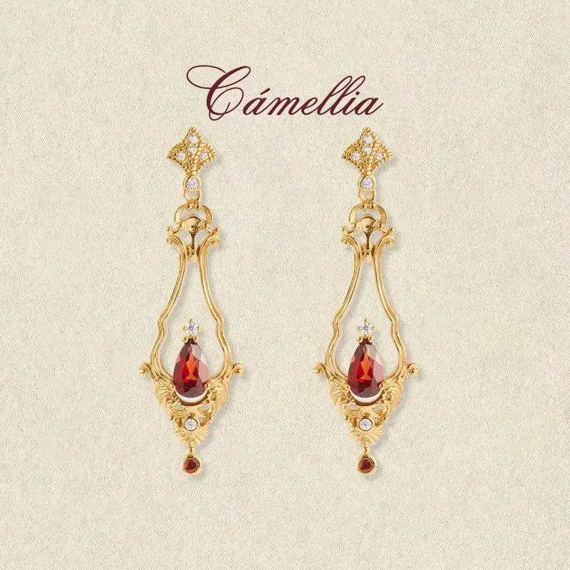 Vintage Garnet Gemstones Earrings in 14k Gold with Delicate Design and Red Gemstones, Handmade Jewelry for Her - Perfect Gift for Mom