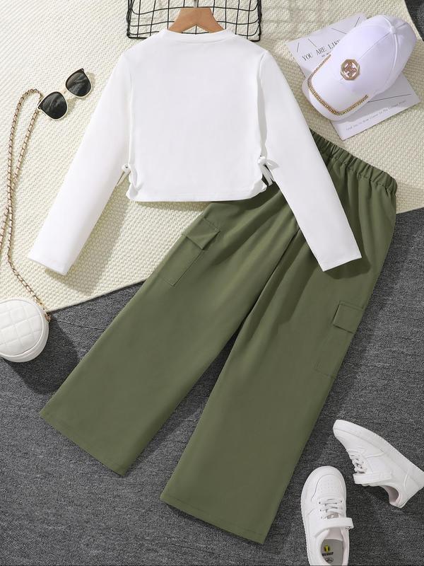 Girls' Letter Print Long Sleeve Top & Army Cargo Pants Set, Clothes, Casual Fall Winter, Fitted Woven Fabric, Daily Wear