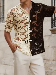 Men's Colorblock Cuban Collar Shirt, Casual Summer Shirt, Loose-Fitting Short Sleeve Top, Breathable Summer Vacation Style, Vintage Lazy Open Cardigan