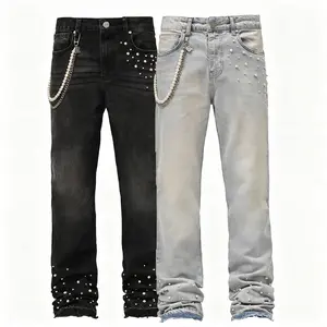 2026 European and American Cross-Border New Men's Street Fashion Ins Hot Elastic Rhinestone Denim Straight Pants Streetwear Beige