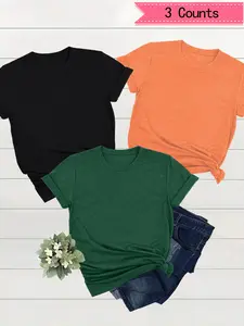 Women's Solid Round Neck Tee, Casual Basic Short Sleeve Crew Neck T-Shirt for Summer, Ladies Clothes for Daily Wear