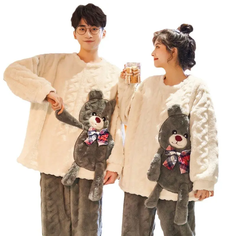 Coordinated Couple's Pajama Set, Plush Coral Fleece Long-Sleeve Winter Loungewear with His & Hers Double Texture for Romantic Getaways, Coordinated Plush Luxury Complementary Designs, Double The Texture, Sleepwear/Pyjamas, Soft, His Plusher, Essential, Co