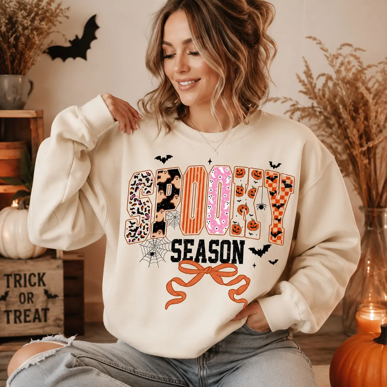 Spooky Season Halloween Sweatshirt & T-Shirt, Cute Ghost Pumpkin Bat Spider Graphic Tee, Coquette Bow Halloween Shirt, Retro Fall Crewneck, Trick or Treat Outfit, Halloween Gift for Women – DPCLICK
