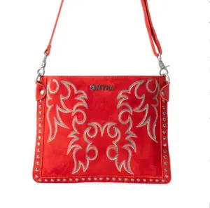 Texas Rose Western Embroidered Leather Bag in Scarlet Red by Myra