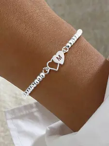 Women's Fashion Silver Color Adjustable Beaded Chain Heart Shaped Bracelet, New Double Heart Letter Design, Casual Style, All Seasons Jewelry