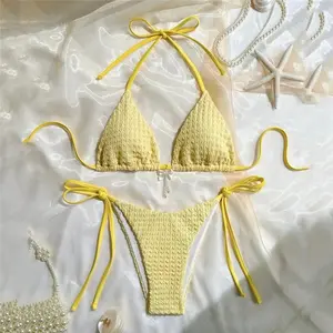 Yellow Halter String Triangle Micro Bikini Thong Solid Swimwears Bow Pearl Sexy Swimsuit Women Bathing Suit Bikinis Sets 2026