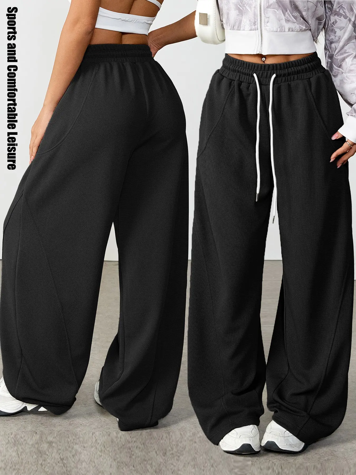 Women's Loose Fit Waffle Knit Wide Leg Pants with Pockets, Adjustable Elastic Waist Drawstring Design, Casual Streetwear Long Trousers, Casual Fashion Pants, Womenswear