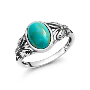 925 Sterling Silver Vintage Oval Turquoise Ring, Oxidized Silver Butterfly Ring, Simulated Turquoise Ring, Lab Created Turquoise Ring, Silver Butterfly Ring