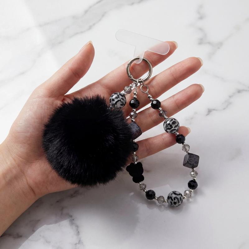 Minimalist Phone Charm Strap with Beads & Plush Pom – Cute Wrist Lanyard Keychain for Phone Case, Stylish Daily Accessory
