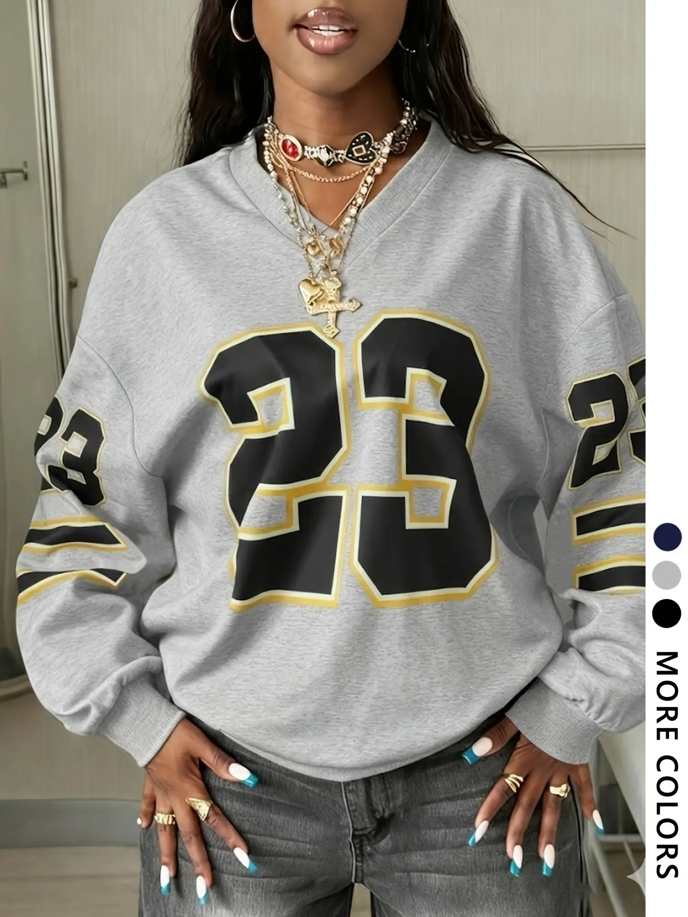 Women's Casual Essential Wearable Home Shirt, Vintage American V-Neck Sweatshirt, Loose Knit Style, Printed Number 23, Comfortable Soft Boyfriend Fit, Top