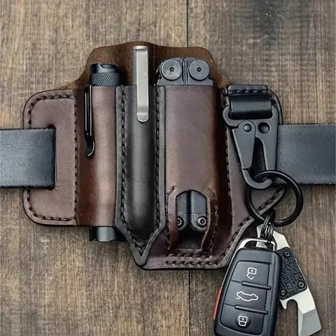 Men's Cowhide Solid Color Durable Belt Bag, Leather Fanny Pack, Waist Pack, Waist Bags, EDC Tool Pouch, Multifunctional Versatile Storage Bag for Pen, Keychain, Flashlight, Tactical Pack, Travel Essentials, EDC Holder Bag