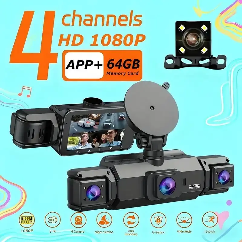 A four-channel dash cam, Car dash camera, makes reversing easier, equipped with panoramic view for all-weather parking monitoring, four-lens simultaneous recording front/rear/left/right, 4-inch display, WiFi, 64GB memory card, night vision