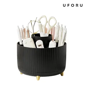 UFORU 360° Rotating Makeup Organizer 5 Compartments Luxury Stripe Cosmetic Brush Holder Multi-functional Desktop Storage Box for Brushes Lipstick Skincare Jewelry Stationery