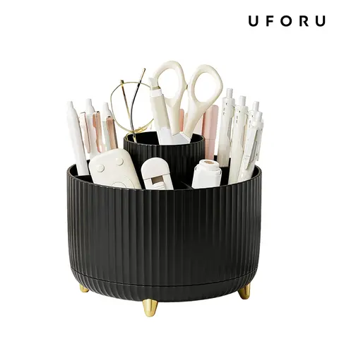 UFORU Modern Plastic 360° Rotating Makeup Organizer - 5 Compartments, Smooth Luxury Stripe Design, Bathroom Organizer for Vanity Desk Accessories, Storage Organization for Brushes, Lipstick, Skincare