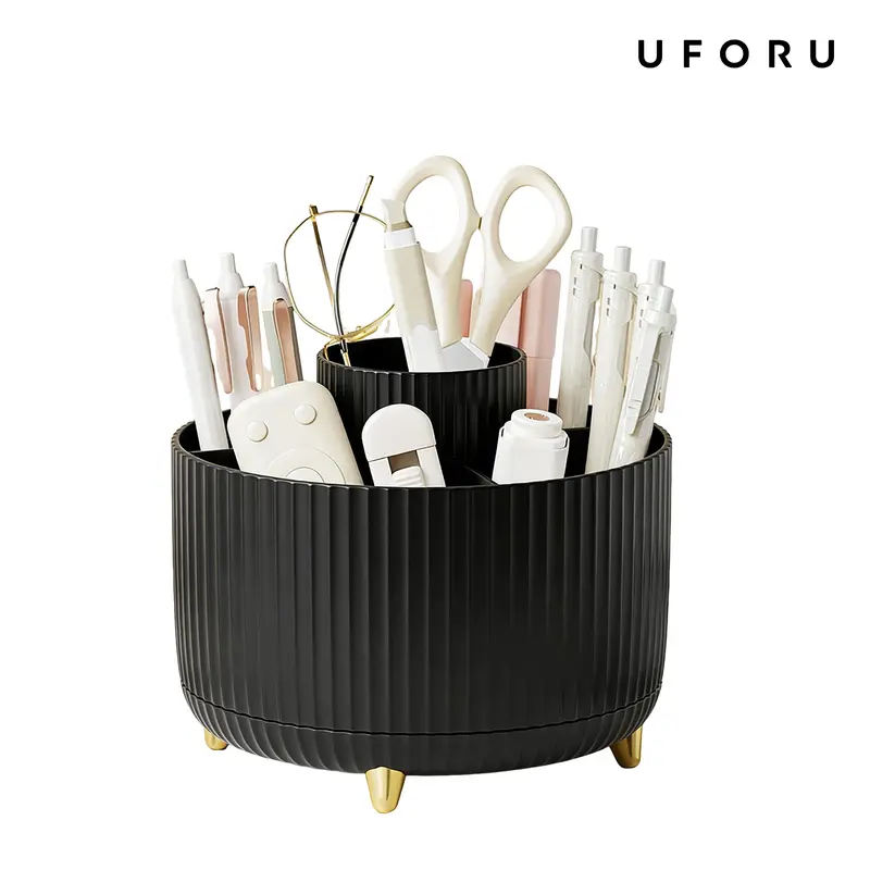 UFORU Modern Plastic 360° Rotating Makeup Organizer - 5 Compartments, Smooth Luxury Stripe Design, Bathroom Organizer for Vanity Desk Accessories, Storage Organization for Brushes, Lipstick, Skincare