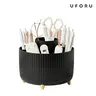 UFORU Modern Plastic 360° Rotating Makeup Organizer - 5 Compartments, Smooth Luxury Stripe Design, Bathroom Organizer for Vanity Desk Accessories, Storage Organization for Brushes, Lipstick, Skincare