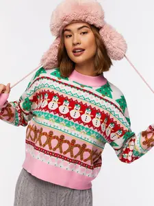 ZAFUL Womens Ugly Christmas Sweater Cedar Snowflake Pattern Knitwear Long Sleeve Winter Pullovers 100% Acrylic Soft Knitted Fabrics Super Comfortable Easy Care