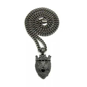 MaxBling81 Hip Hop Necklace Set, Black King Lion Pendant with Hematite & Cubic Zirconia, 5mm 24-inch Cuban Link Chain, Modern Versatile Accessories